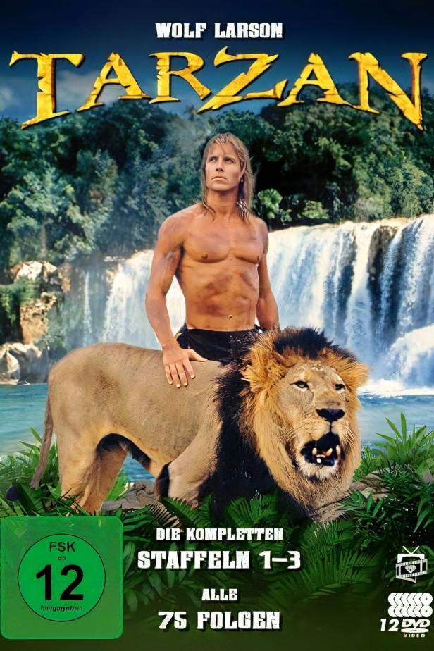 Das Cover der DVD „Tarzan“ mit Wolf Larson, der auf einem Löwen vor einem Wasserfall steht.