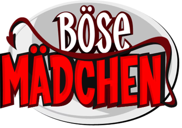 Das Logo der Marke „Böse Mädchen“ in Rot und Weiß.
