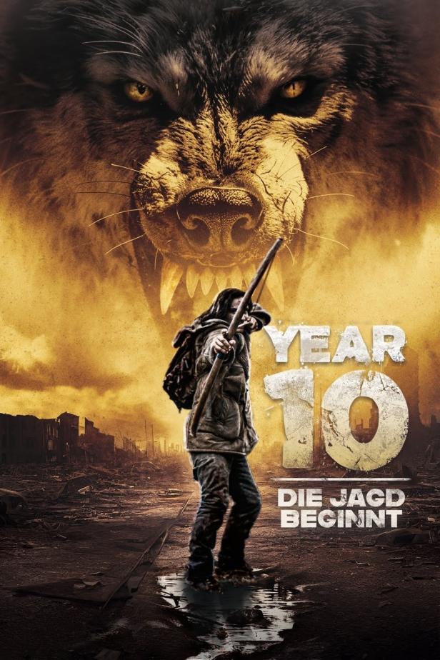 Ein Mensch mit Pfeil und Bogen steht vor einem Wolf in einer zerstörten Stadt.