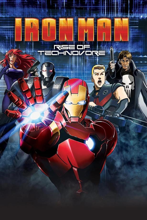 Das Cover des animierten Films „Iron Man: Rise of Technovore“ zeigt Iron Man und andere bewaffnete Charaktere.