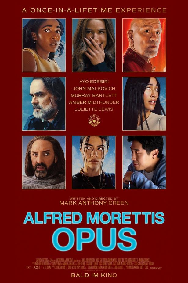 Das Filmplakat für „Alfred Morettis Opus“ zeigt Ayo Edebiri, John Malkovich und andere Darsteller.