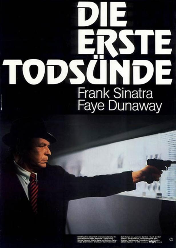 Das Filmplakat für „Die erste Todsünde“ mit Frank Sinatra, der eine Waffe hält.