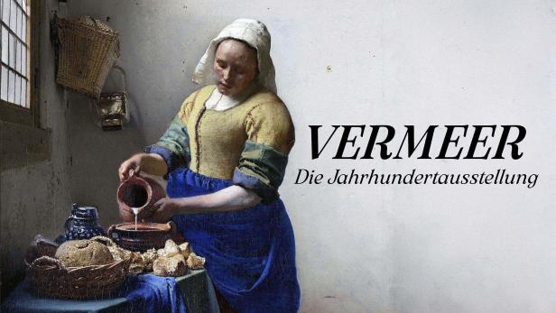 Eine Frau gießt Milch in eine Schale, eine Darstellung im Stil von Vermeer.