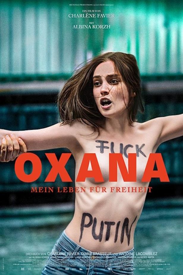 Das Filmplakat für „Oxana – Mein Leben für Freiheit“ zeigt eine Frau mit den Worten „Fuck Putin“ auf dem Körper.