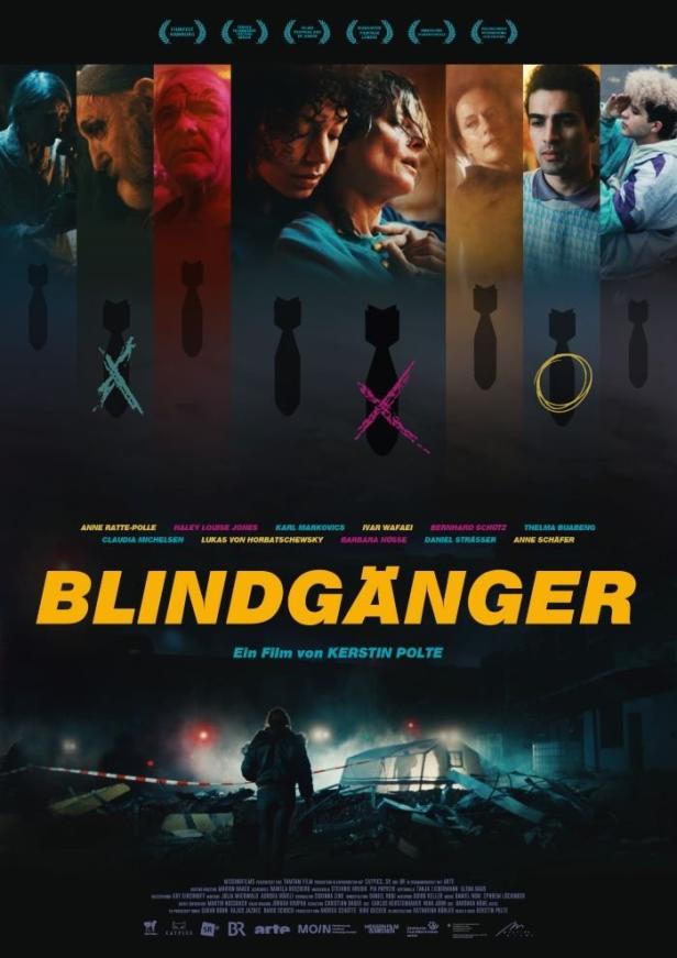 Das Filmplakat für „Blindgänger“ zeigt eine Collage von Schauspielerporträts und zerstörten Gebäuden.