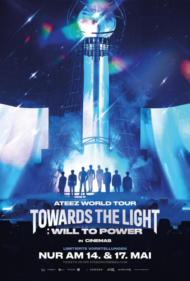 Das Poster für die „Ateez World Tour: Towards the Light: Will to Power“ zeigt die Band vor einer futuristischen Bühne.
