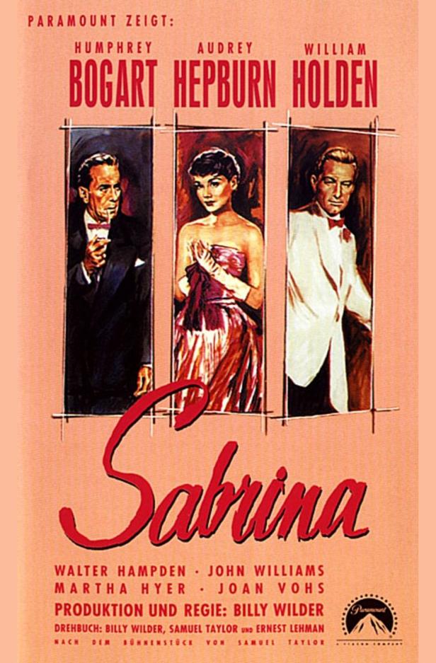Das Filmplakat für „Sabrina“ mit Humphrey Bogart, Audrey Hepburn und William Holden.