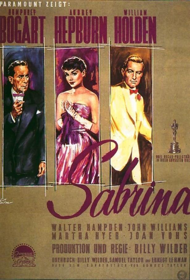 Das Filmplakat für „Sabrina“ mit Humphrey Bogart, Audrey Hepburn und William Holden.