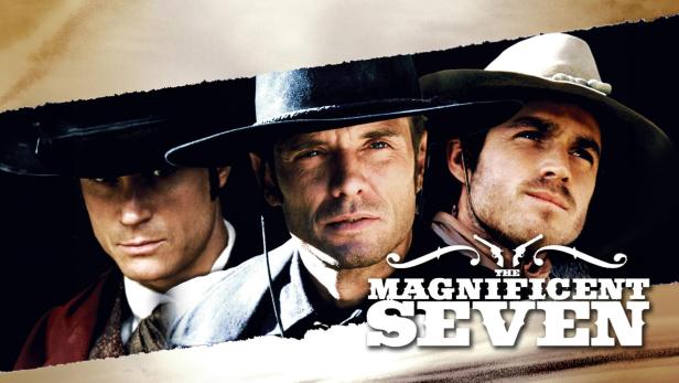 Das Filmplakat für „Die glorreichen Sieben“ zeigt Chris Pratt, Denzel Washington und Ethan Hawke.