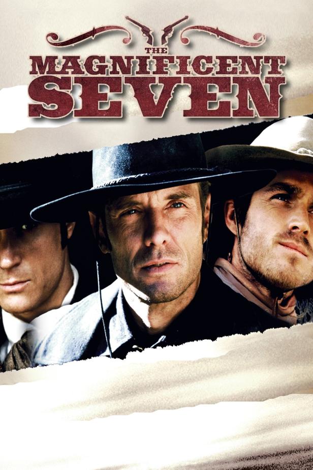 Das Filmplakat für „Die glorreichen Sieben“ zeigt drei der Revolverhelden.