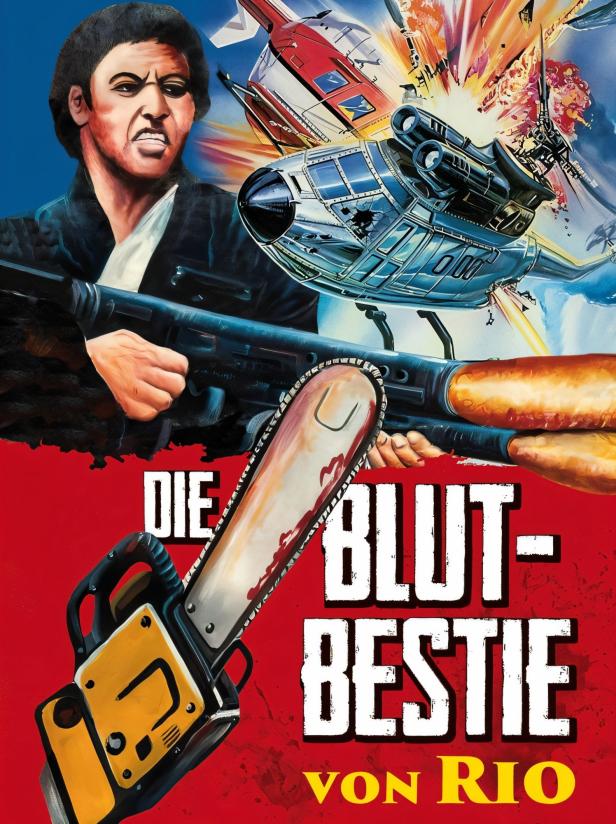 Ein Mann mit einer Kettensäge und einer Schrotflinte vor explodierenden Hubschraubern, Filmposter „Die Blut-Bestie von Rio“.