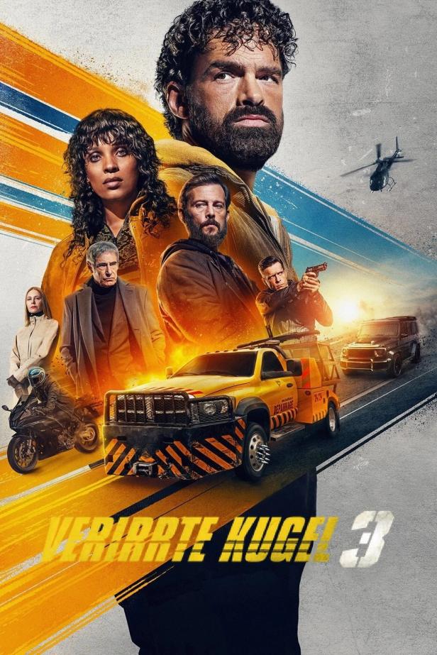 Das Filmplakat für „Verirrte Kugel 3“ zeigt mehrere bewaffnete Charaktere und Fahrzeuge.