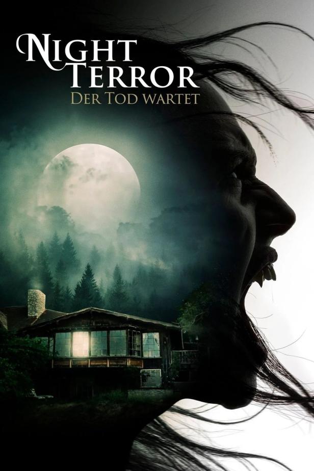 Das Filmplakat für „Night Terror“ zeigt ein schreiendes Gesicht vor einem Haus im Wald bei Vollmond.