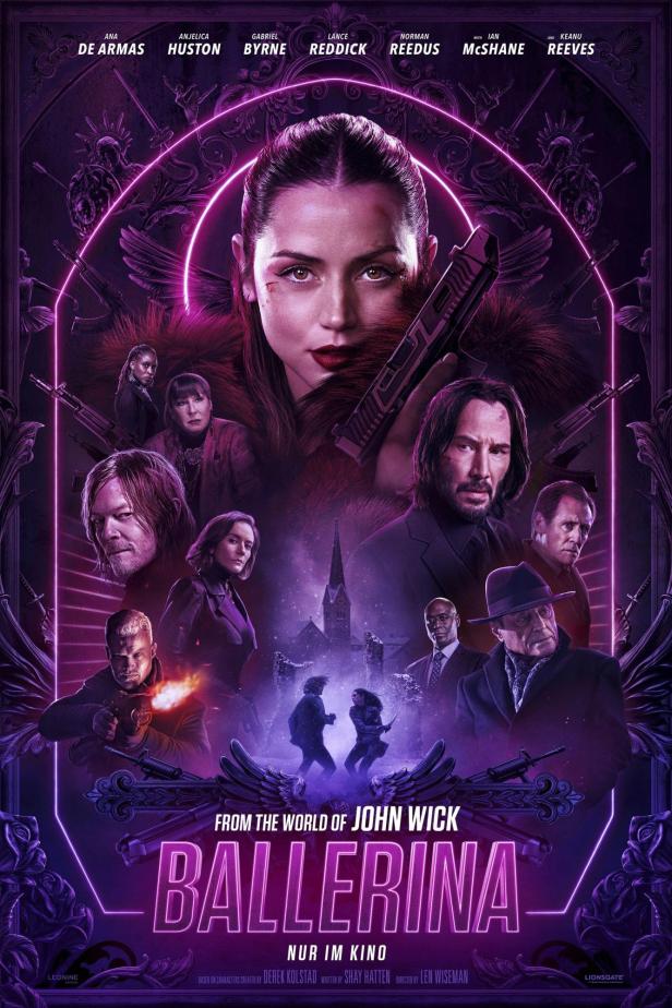 Das Filmplakat für „Ballerina“ zeigt Ana de Armas, Keanu Reeves und andere Schauspieler.