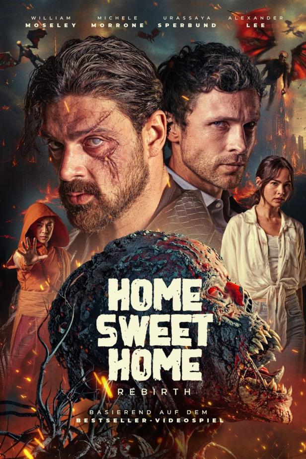 Das Filmplakat für „Home Sweet Home: Rebirth“ zeigt Michele Morrone und andere Darsteller vor einer apokalyptischen Szenerie.