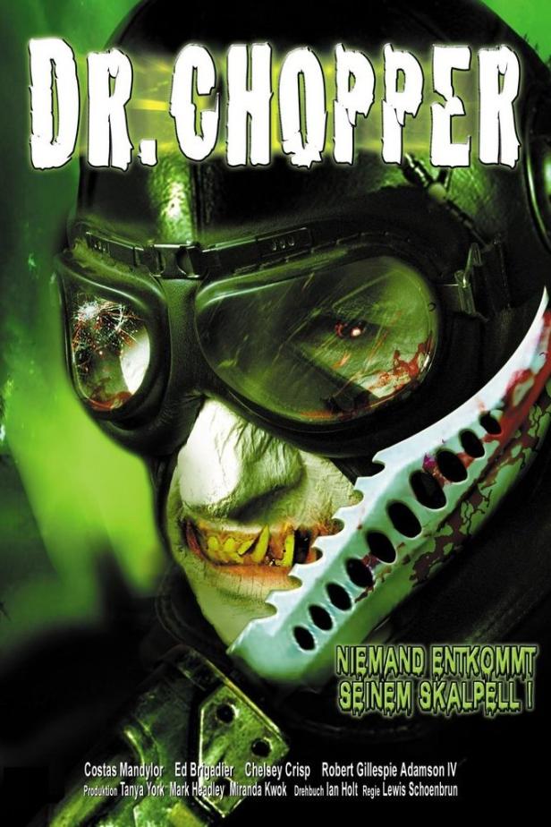 Das Filmplakat für „Dr. Chopper“ zeigt einen Mann mit einer Pilotenmütze und einem blutigen Skalpell.