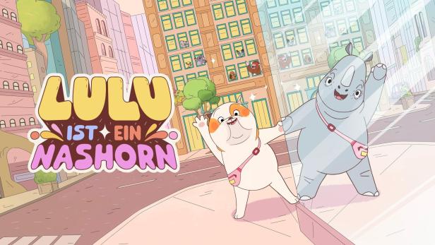 Ein Cartoon-Nashorn und ein Hund stehen vor dem Schriftzug „Lulu ist ein Nashorn“ in einer Stadt.