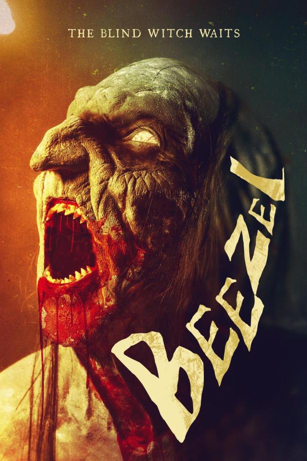 Das Filmplakat für „Beelzebub“ zeigt das Gesicht einer blinden Hexe mit aufgerissenem Mund und Blut.