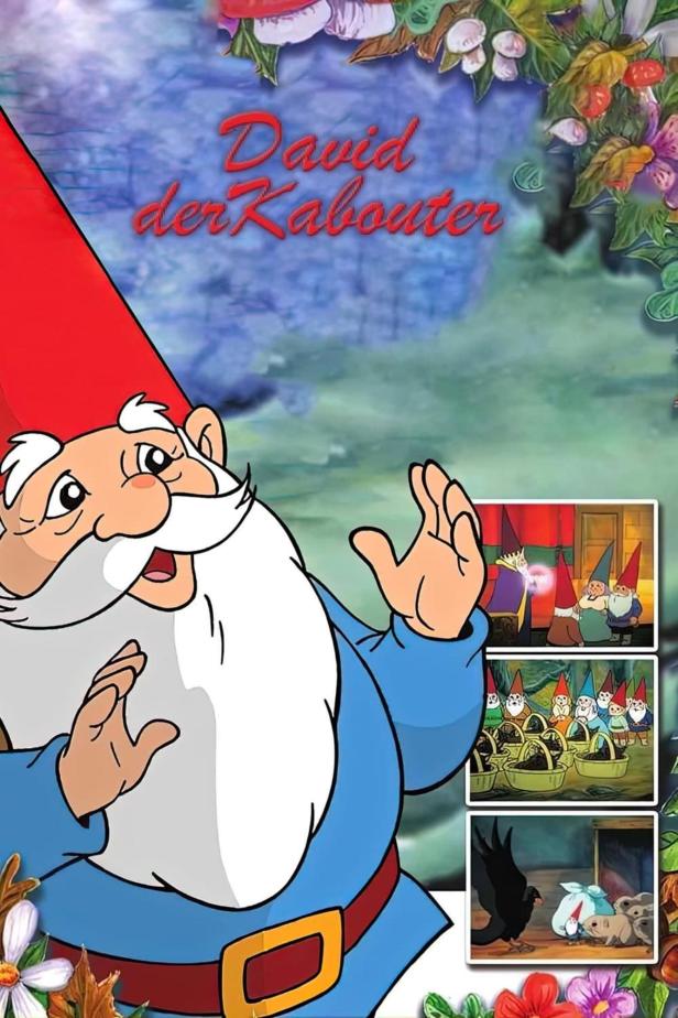 Illustration von David, dem Kabauter, umgeben von Blumen und Szenen aus der Zeichentrickserie.