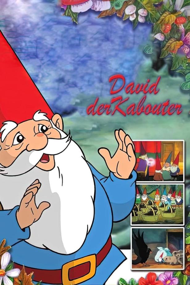Eine Illustration von David, dem Kabouter, mit Szenen aus der Zeichentrickserie.