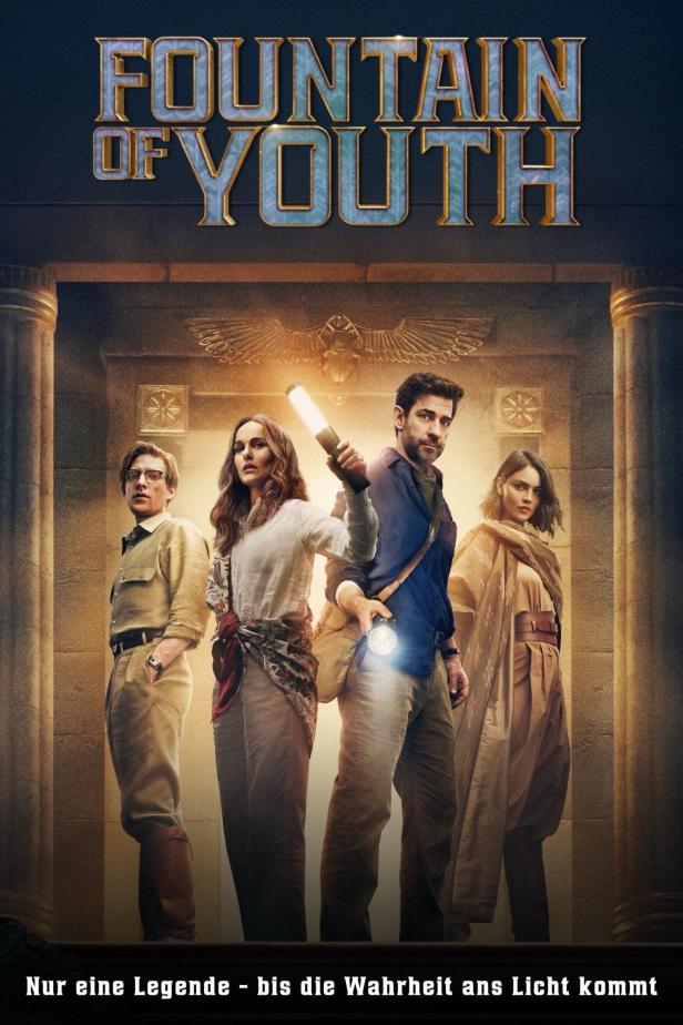 Das Filmplakat für „Fountain of Youth“ zeigt vier Abenteurer in einer alten Tempelanlage.
