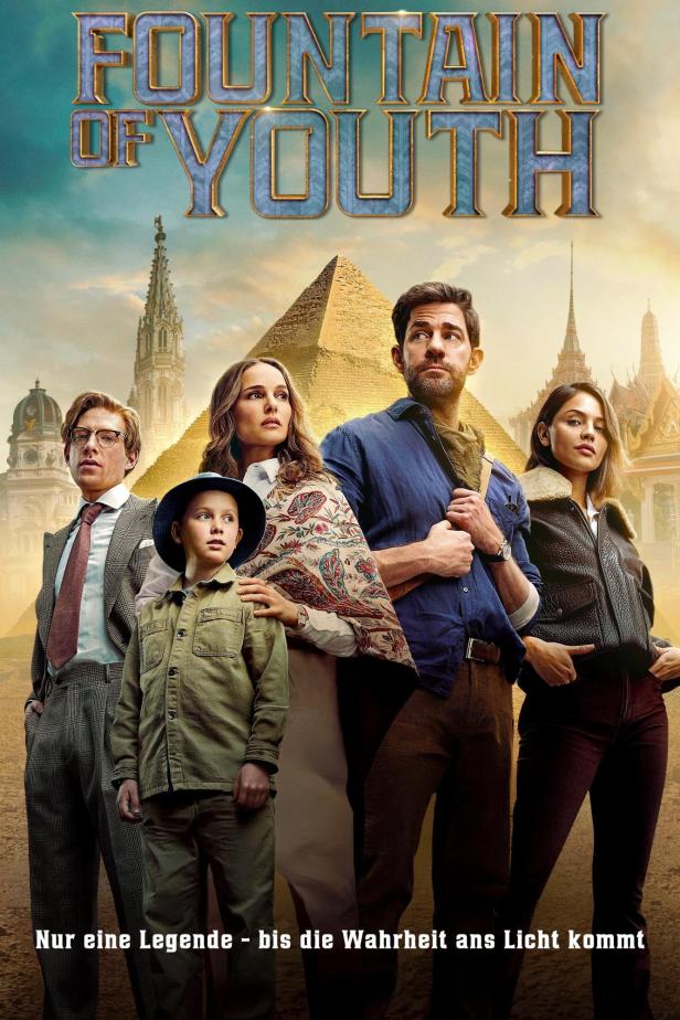 Das Filmplakat für „Fountain of Youth“ zeigt eine Gruppe von Personen vor verschiedenen Wahrzeichen.