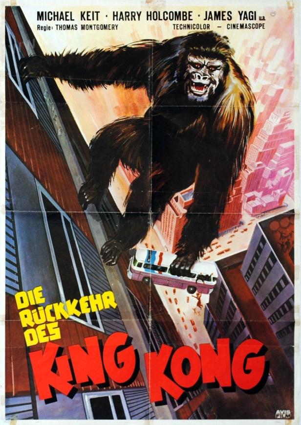 Das Filmplakat für „Die Rückkehr des King Kong“ zeigt einen riesigen Gorilla auf einem Wolkenkratzer.
