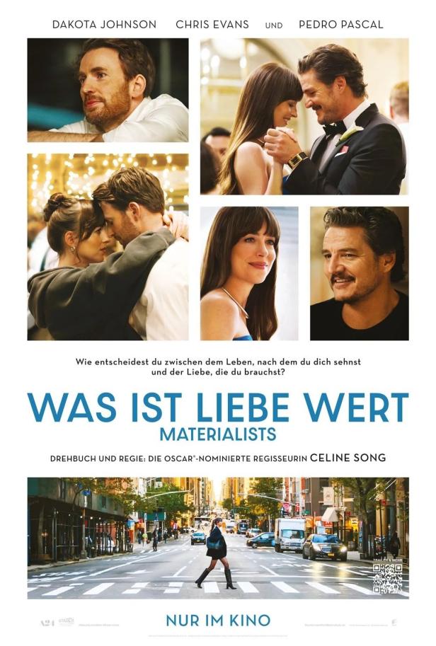 Das Filmplakat für „Materialists“ zeigt Dakota Johnson, Chris Evans und Pedro Pascal.