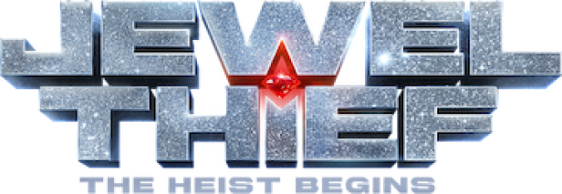 Das Logo für „Jewel Thief: The Heist Begins“ mit glitzernden Buchstaben und einem roten Juwel.