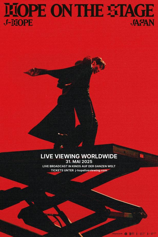 Ein Werbeplakat für „J-Hope on the Stage“ mit dem Künstler in dunkler Kleidung auf rotem Hintergrund.
