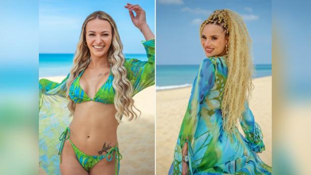 Zwei Frauen posieren am Strand, eine im Bikini, die andere in einem farbenfrohen Überwurf.