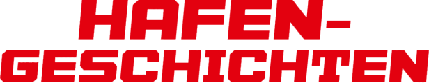 Das rote Logo der Sendung „Hafen-Geschichten“ auf schwarzem Hintergrund.