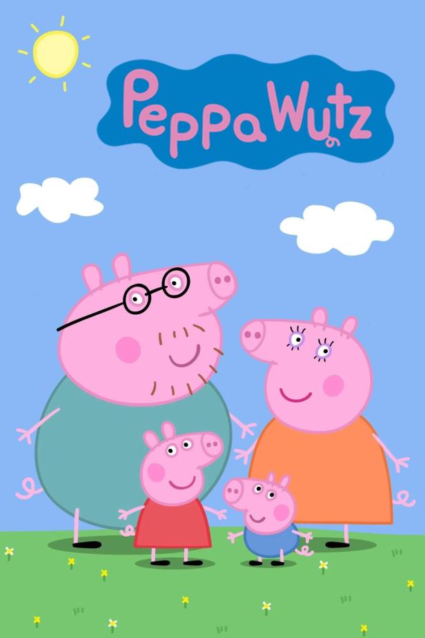 Die Familie Wutz, bestehend aus Mama Wutz, Papa Wutz, Peppa Wutz und Schorsch Wutz, steht auf einer Wiese.