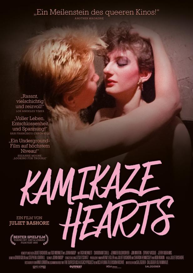 Das Filmplakat für „Kamikaze Hearts“ zeigt zwei Frauen, die sich innig umarmen.