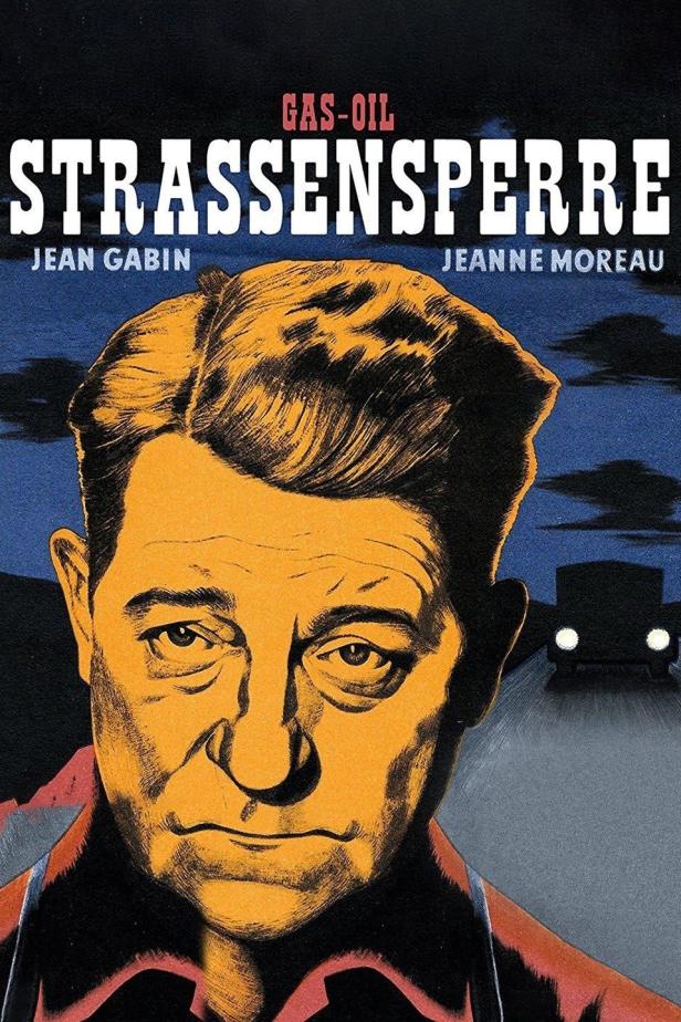Das Filmplakat für „Strassensperre“ mit Jean Gabin und Jeanne Moreau.