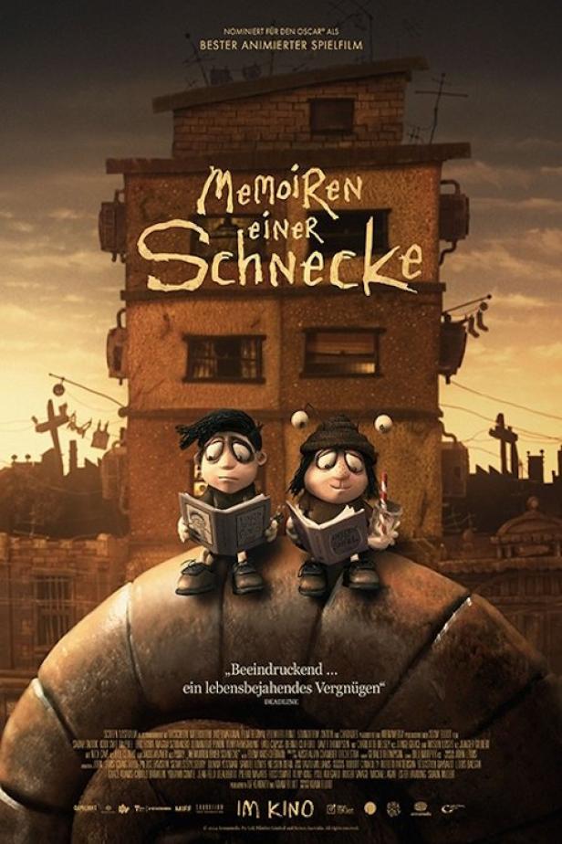 Das Filmplakat für „Memoiren einer Schnecke“ zeigt zwei animierte Schnecken, die auf einem Haus sitzen und lesen.