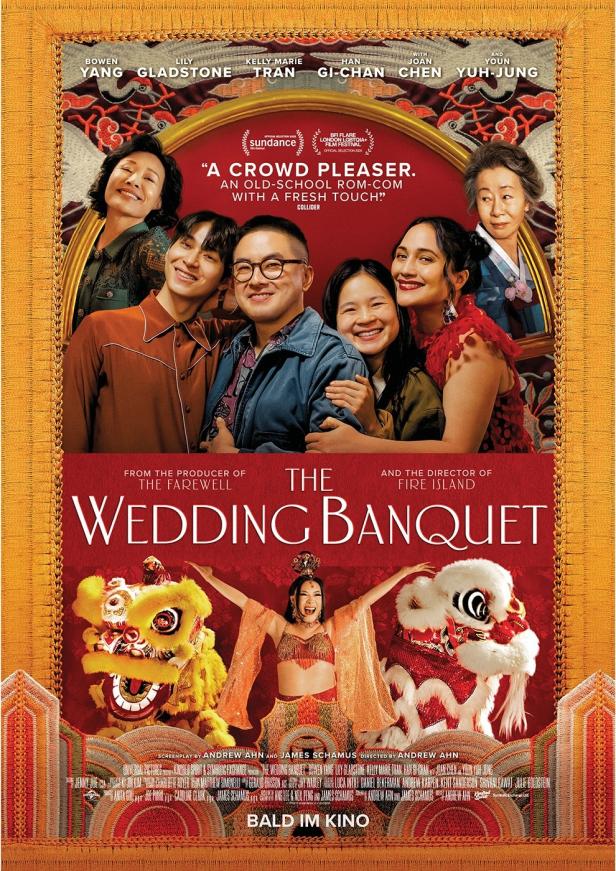 Das Filmplakat für „The Wedding Banquet“ zeigt eine Gruppe asiatischer Schauspieler und traditionelle chinesische Löwentänzer.