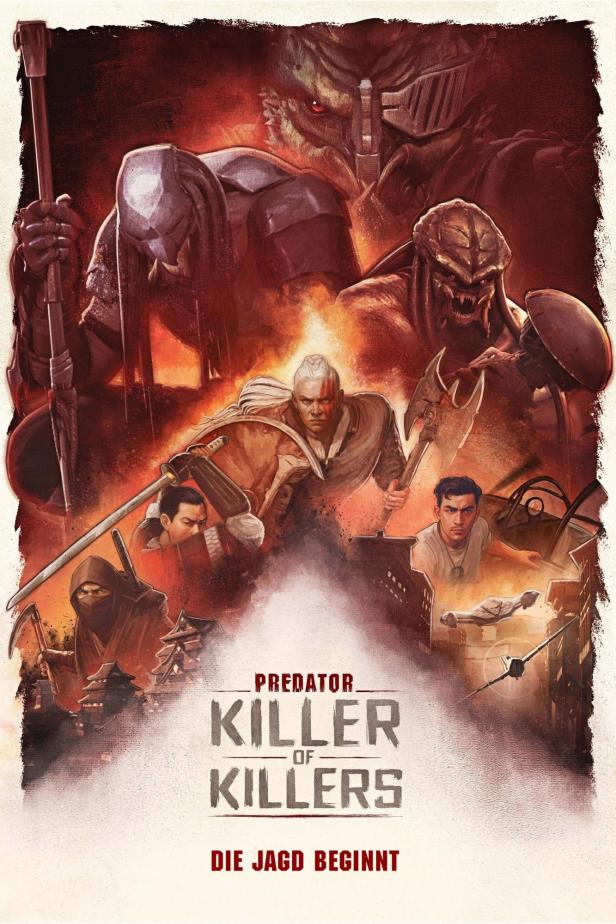 Das Poster für „Predator: Killer of Killers“ zeigt verschiedene Krieger und einen Predator.