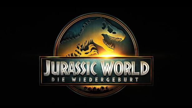 Das Logo von „Jurassic World: Die Wiedergeburt“ mit einem Dinosaurierskelett.