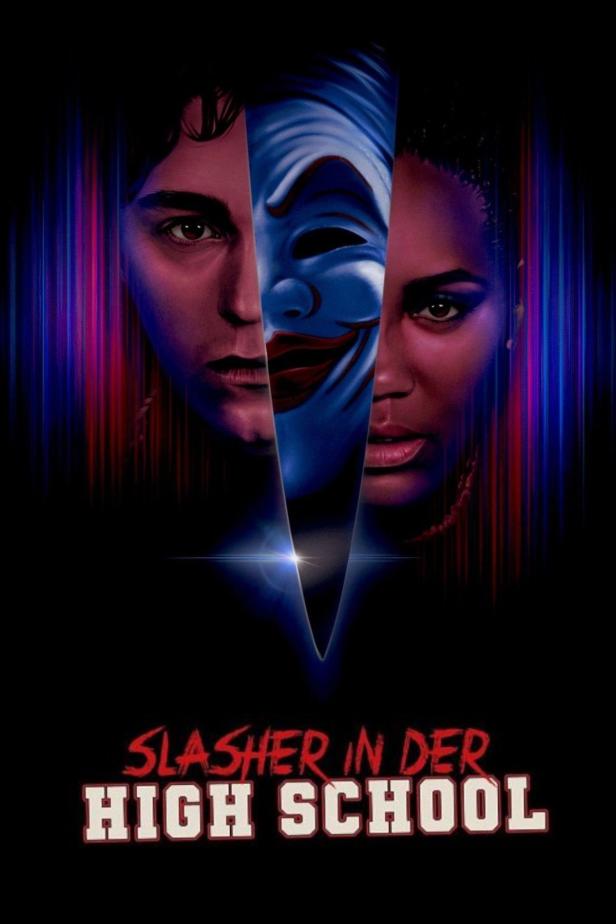 Das Filmplakat für „Slasher in der High School“ zeigt ein Gesicht, eine Maske und ein weiteres Gesicht.
