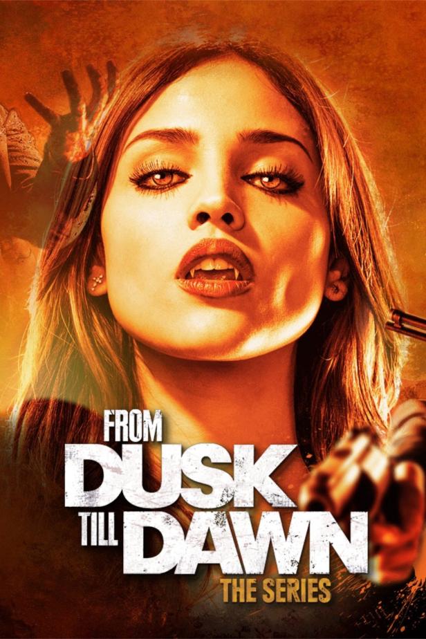 Das Filmplakat der Serie „From Dusk Till Dawn“ zeigt eine Frau mit Vampirzähnen.