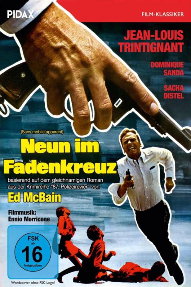 Das Filmplakat für „Neun im Fadenkreuz“ zeigt einen Mann mit einer Pistole.