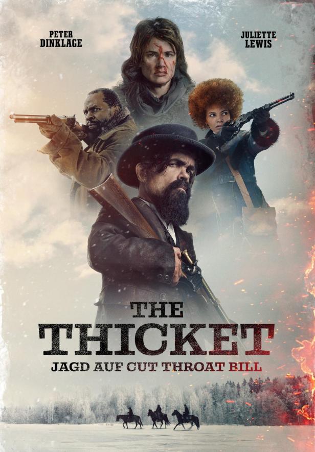 Das Filmplakat für „The Thicket“ zeigt Peter Dinklage und andere bewaffnete Charaktere vor einer verschneiten Landschaft.