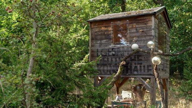 Ein hölzernes Baumhaus steht erhöht im Wald.