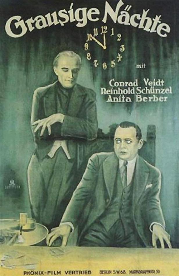 Das Filmplakat für „Grausige Nächte“ zeigt Conrad Veidt, Reinhold Schünzel und Anita Berber.