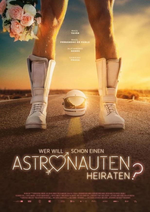 Das Filmplakat für „Wer will schon einen Astronauten heiraten?“ zeigt Beine, Stiefel, einen Blumenstrauß und einen Astronautenhelm.