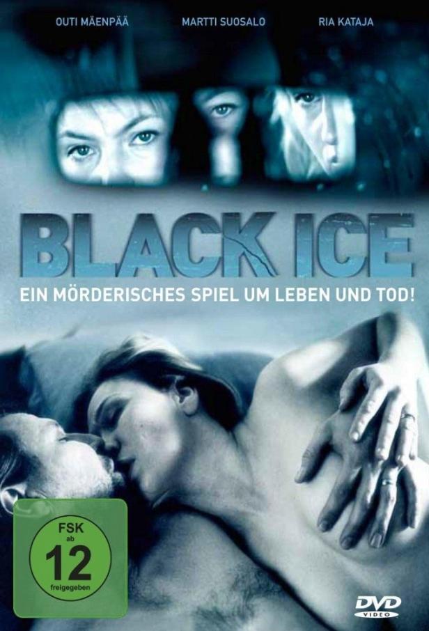 Das Filmplakat für „Black Ice“ zeigt ein Paar und die Schauspieler Outi Mäenpää, Martti Suosalo und Ria Kataja.