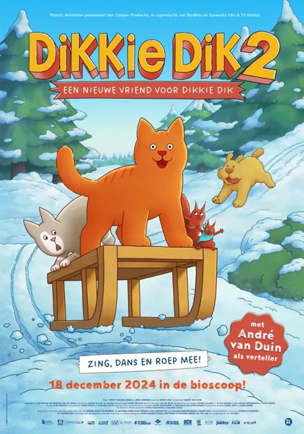 Das Filmplakat für „Dikkie Dik 2“ zeigt eine orangefarbene Katze auf einem Schlitten im Schnee.