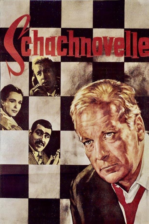 Das Filmplakat für „Schachnovelle“ zeigt Schauspieler vor einem Schachbrettmuster.