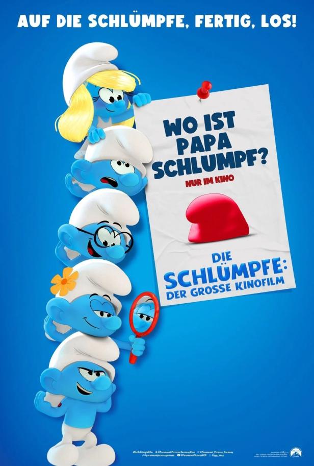 Das Filmplakat für „Die Schlümpfe: Der große Kinofilm“ zeigt die Schlümpfe und die Frage „Wo ist Papa Schlumpf?“.
